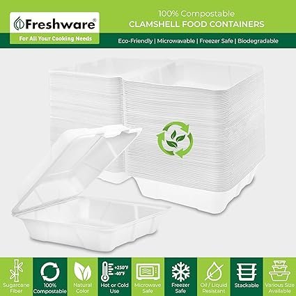 Freshware Compostable Clamshell Food Containers 50Pack