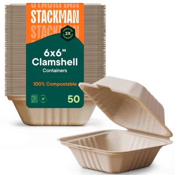 Compostable Clamshell Take Out Food Containers 50Pack HeavyDuty Quality